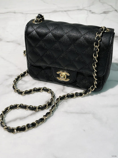 CHANEL CAVIAR MINI SQUARE, Black/Gold