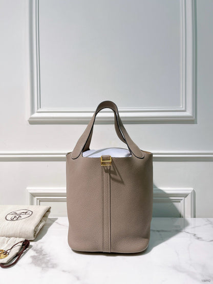 HERMES PICOTIN LOCK 22, Gris Tourterelle/Gold