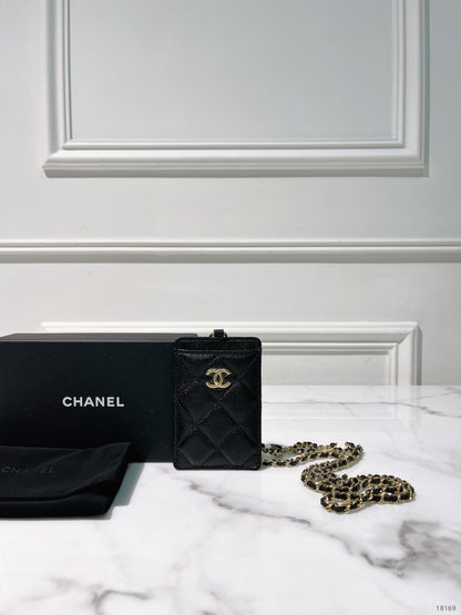 CHANEL CARD HOLDER ON CHAIN, Black/Gold