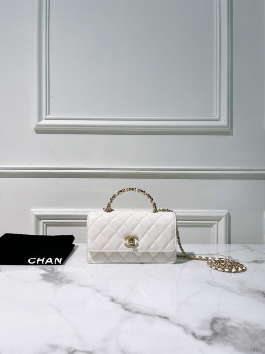 CHANEL 24P CLUTCH WITH HANDLE, White/Gold