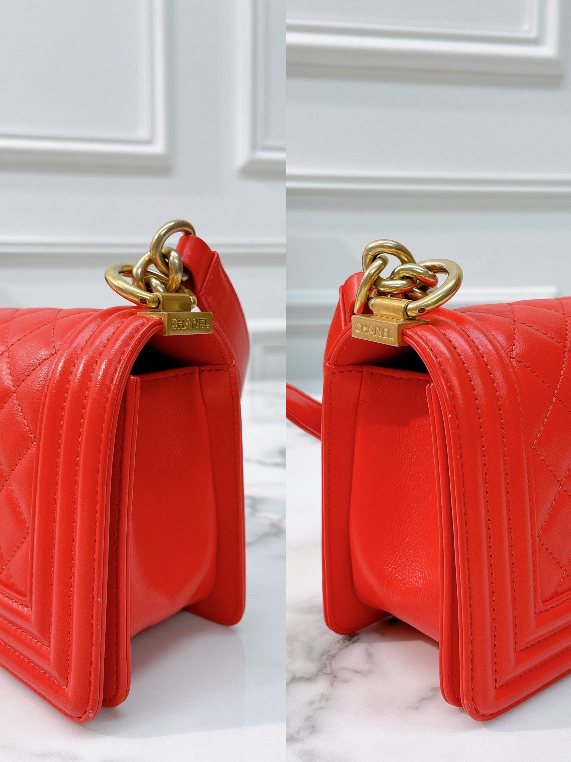 CHANEL SMALL BOY HANDBAG, RED/GOLD