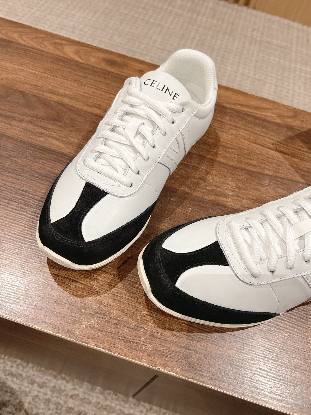 CELINE Triomphe Trainer Sneakers, White & Black