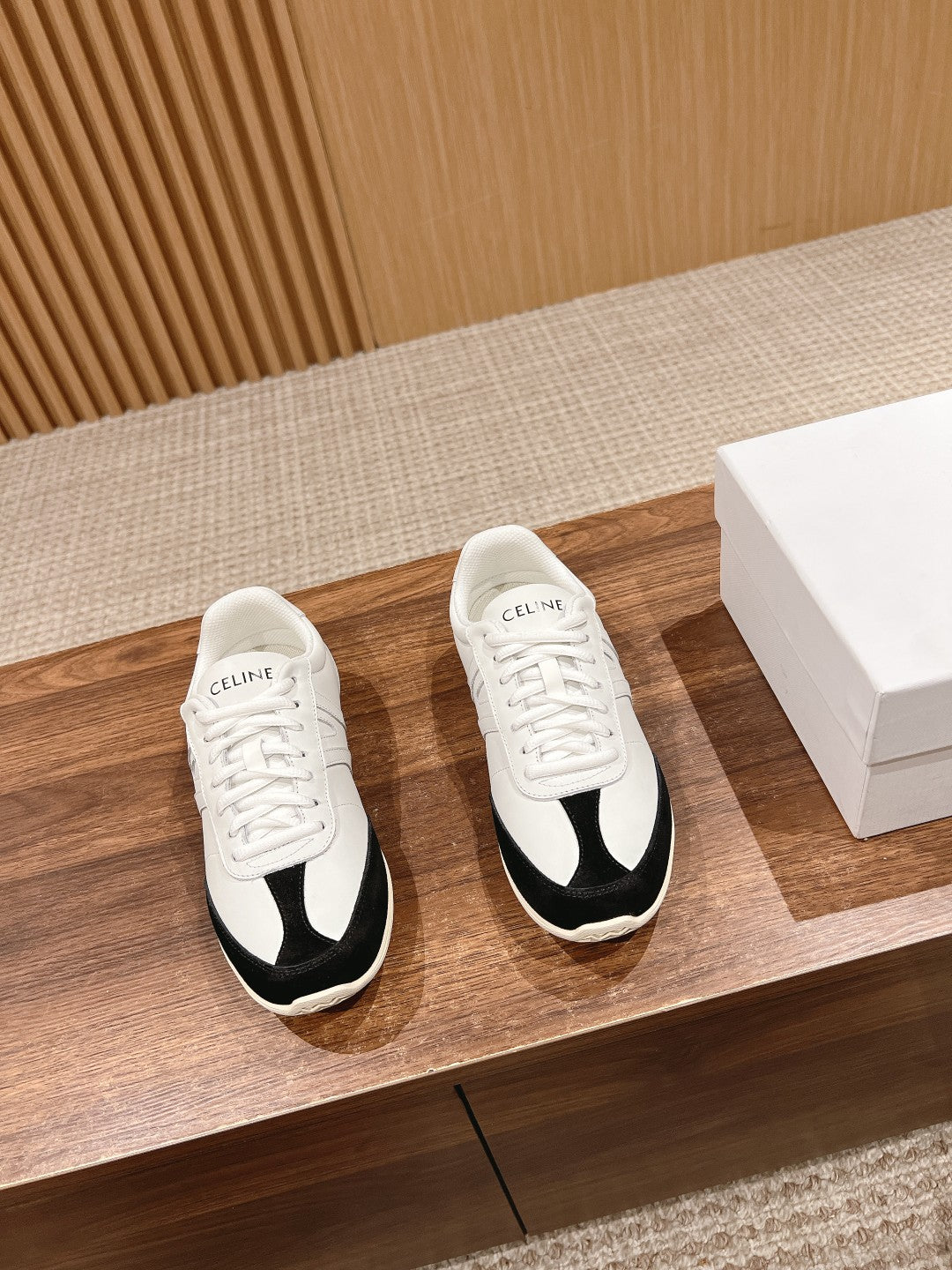 CELINE Triomphe Trainer Sneakers, White & Black