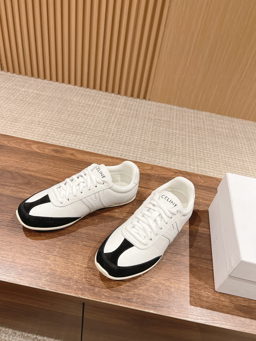 CELINE Triomphe Trainer Sneakers, White & Black