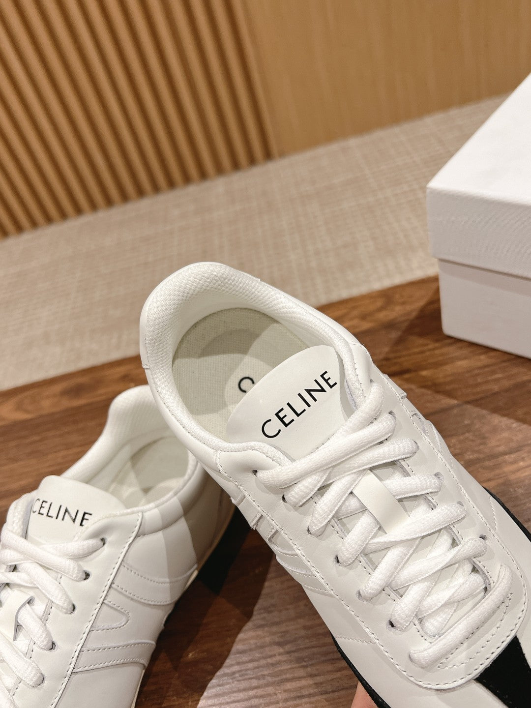 CELINE Triomphe Trainer Sneakers, White & Black