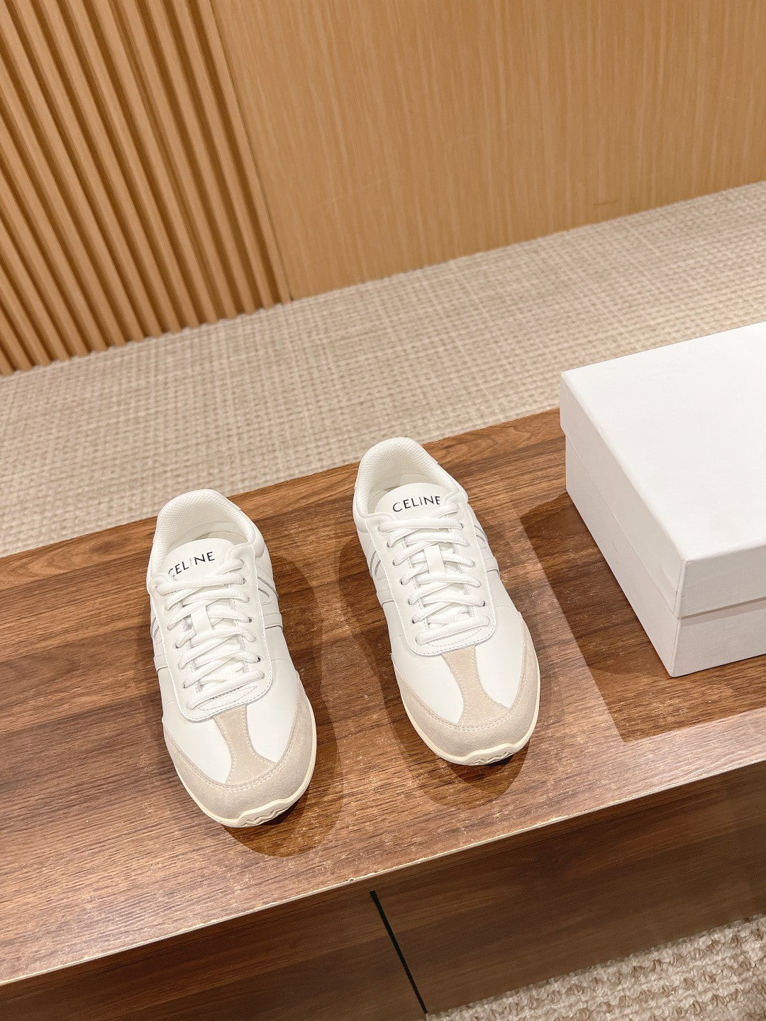CELINE Triomphe Trainer Sneakers, White & Beige