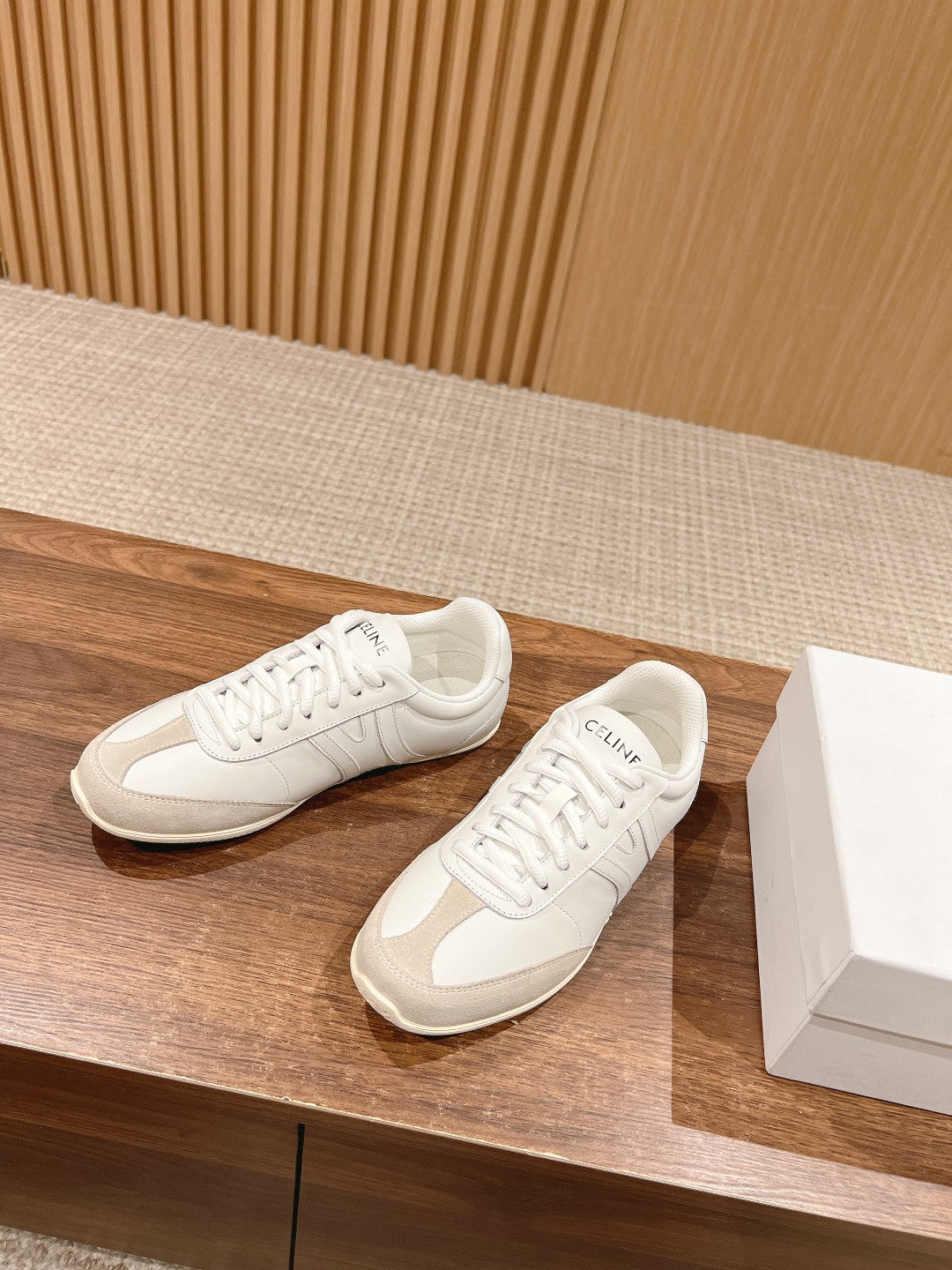 CELINE Triomphe Trainer Sneakers, White & Beige