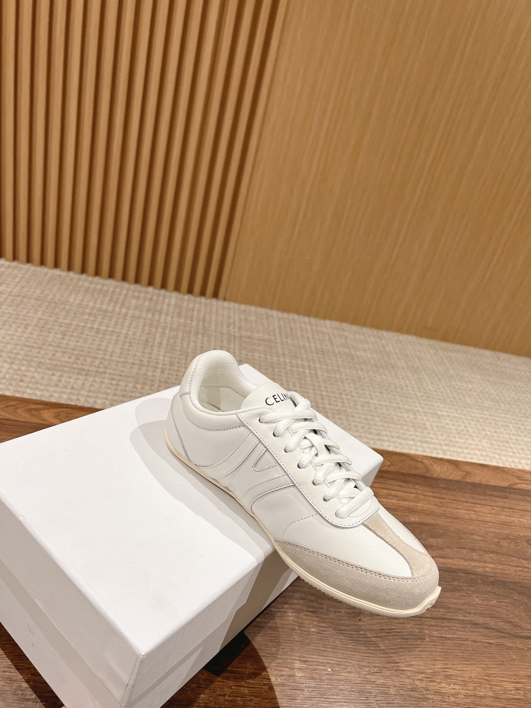 CELINE Triomphe Trainer Sneakers, White & Beige