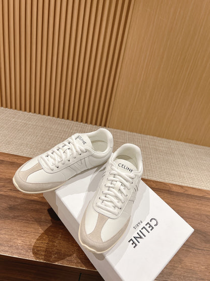 CELINE Triomphe Trainer Sneakers, White & Beige