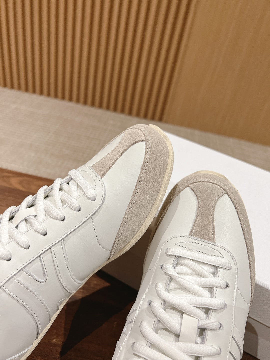 CELINE Triomphe Trainer Sneakers, White & Beige