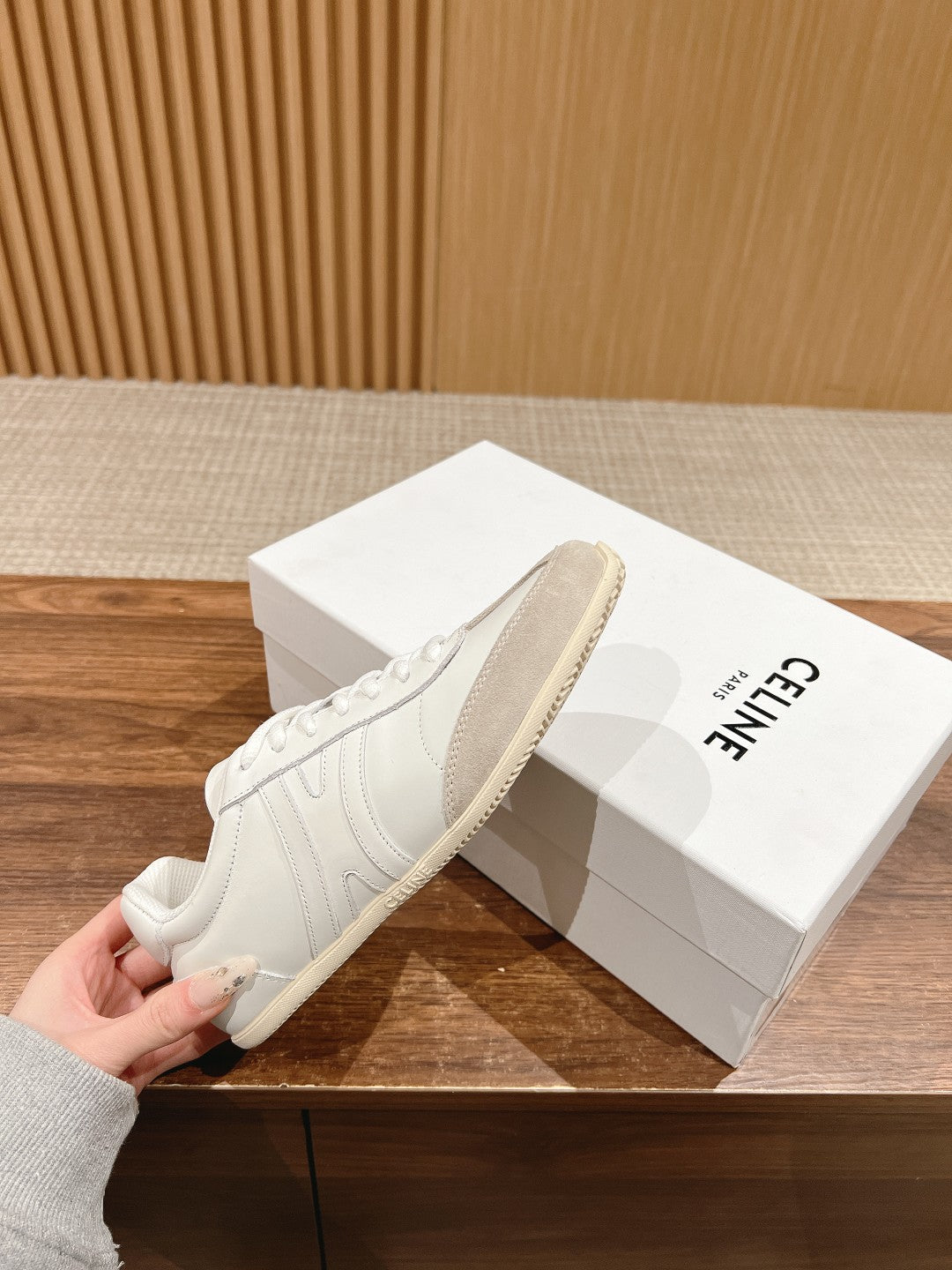 CELINE Triomphe Trainer Sneakers, White & Beige
