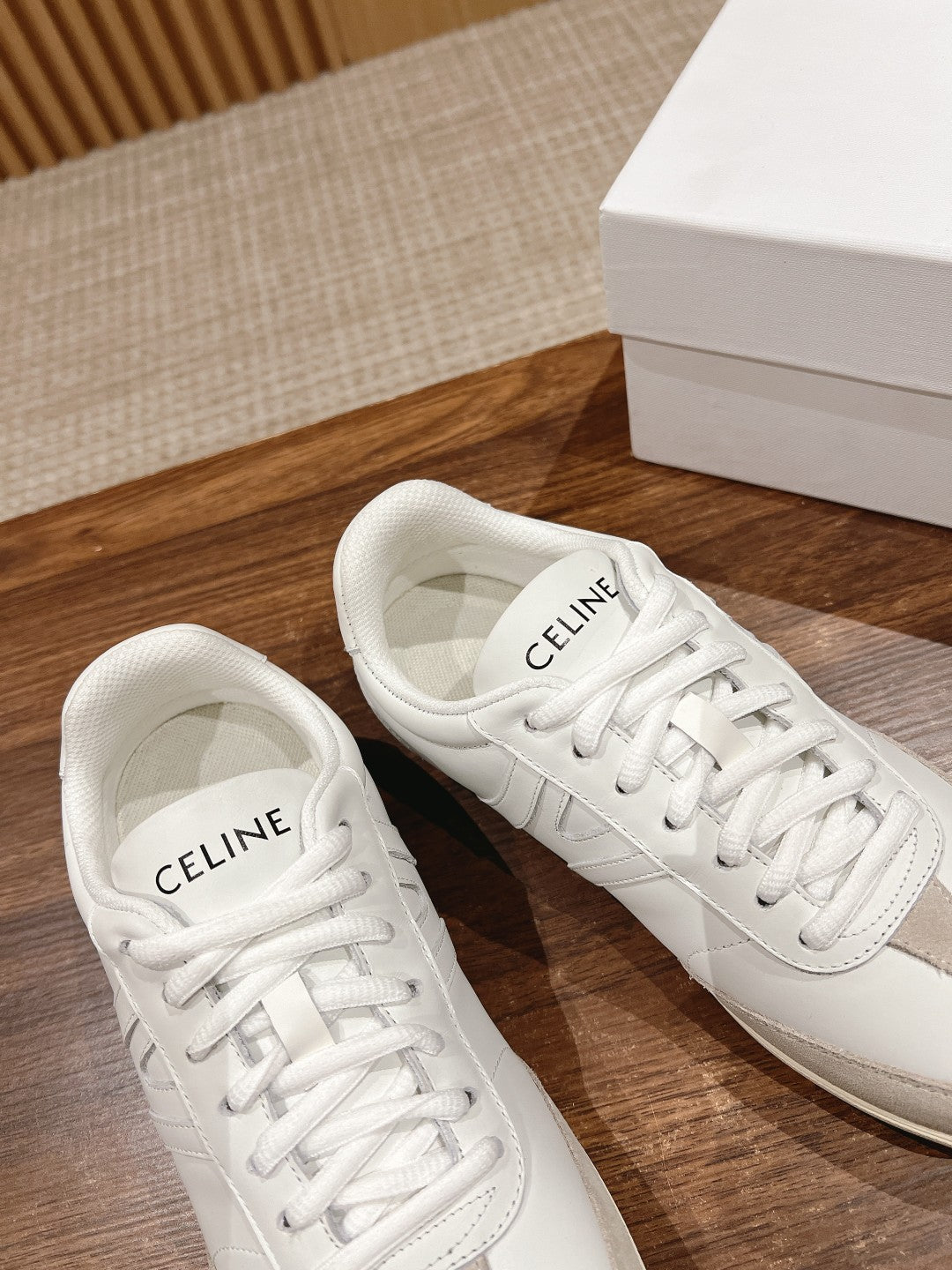 CELINE Triomphe Trainer Sneakers, White & Beige