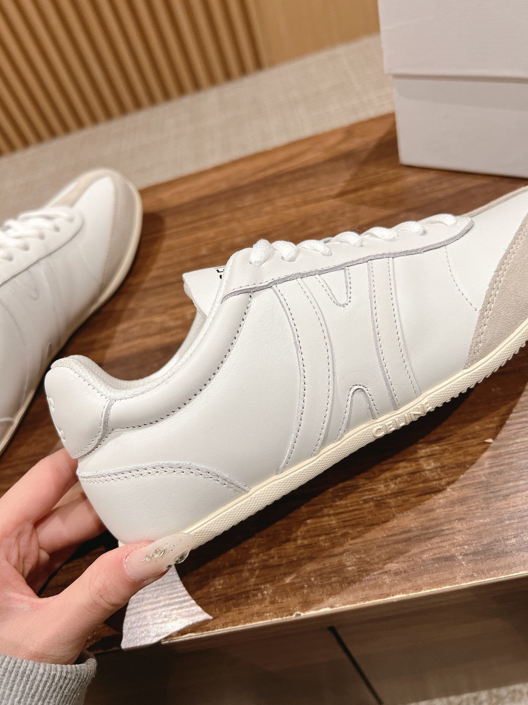CELINE Triomphe Trainer Sneakers, White & Beige