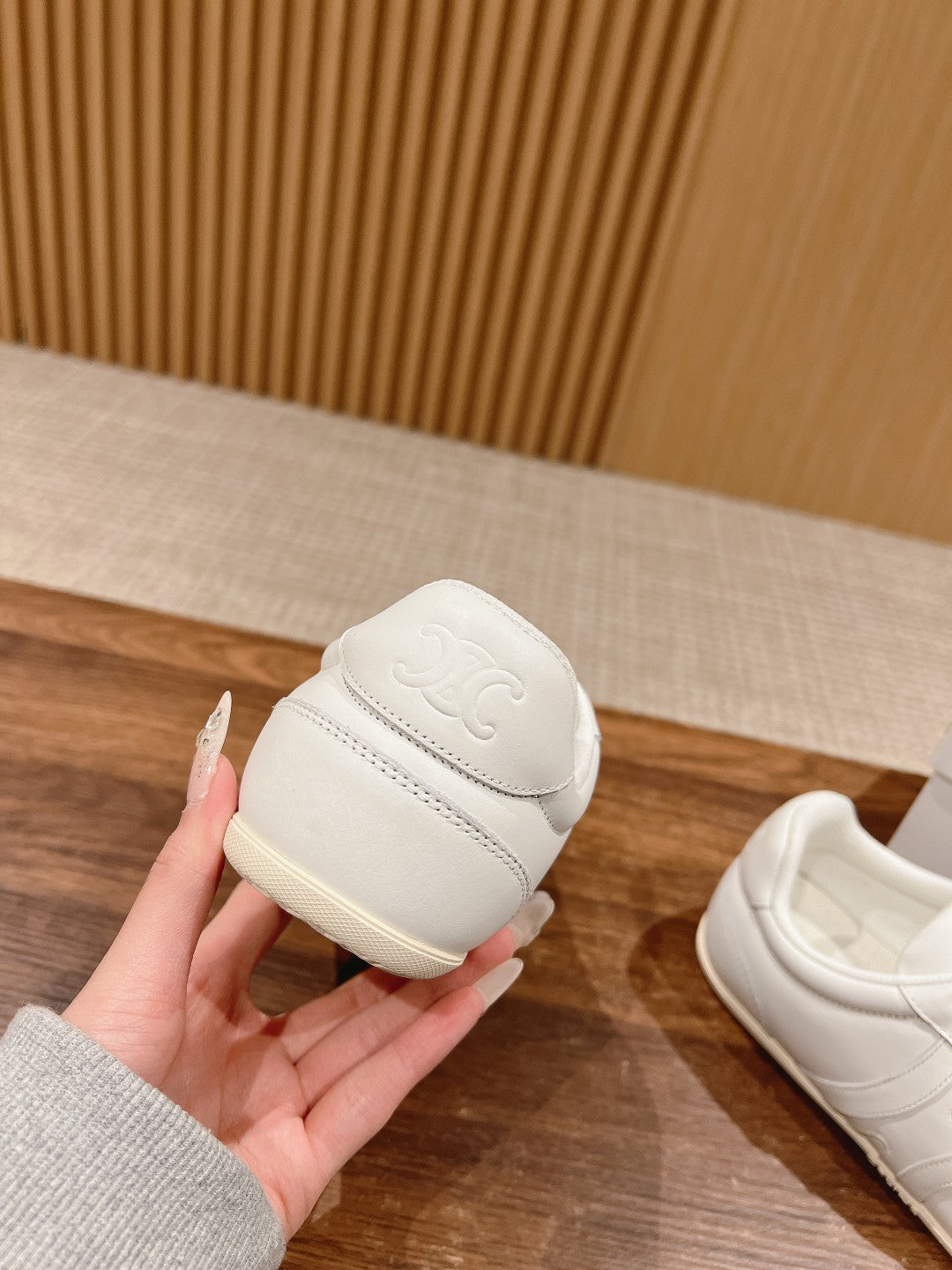 CELINE Triomphe Trainer Sneakers, White & Beige