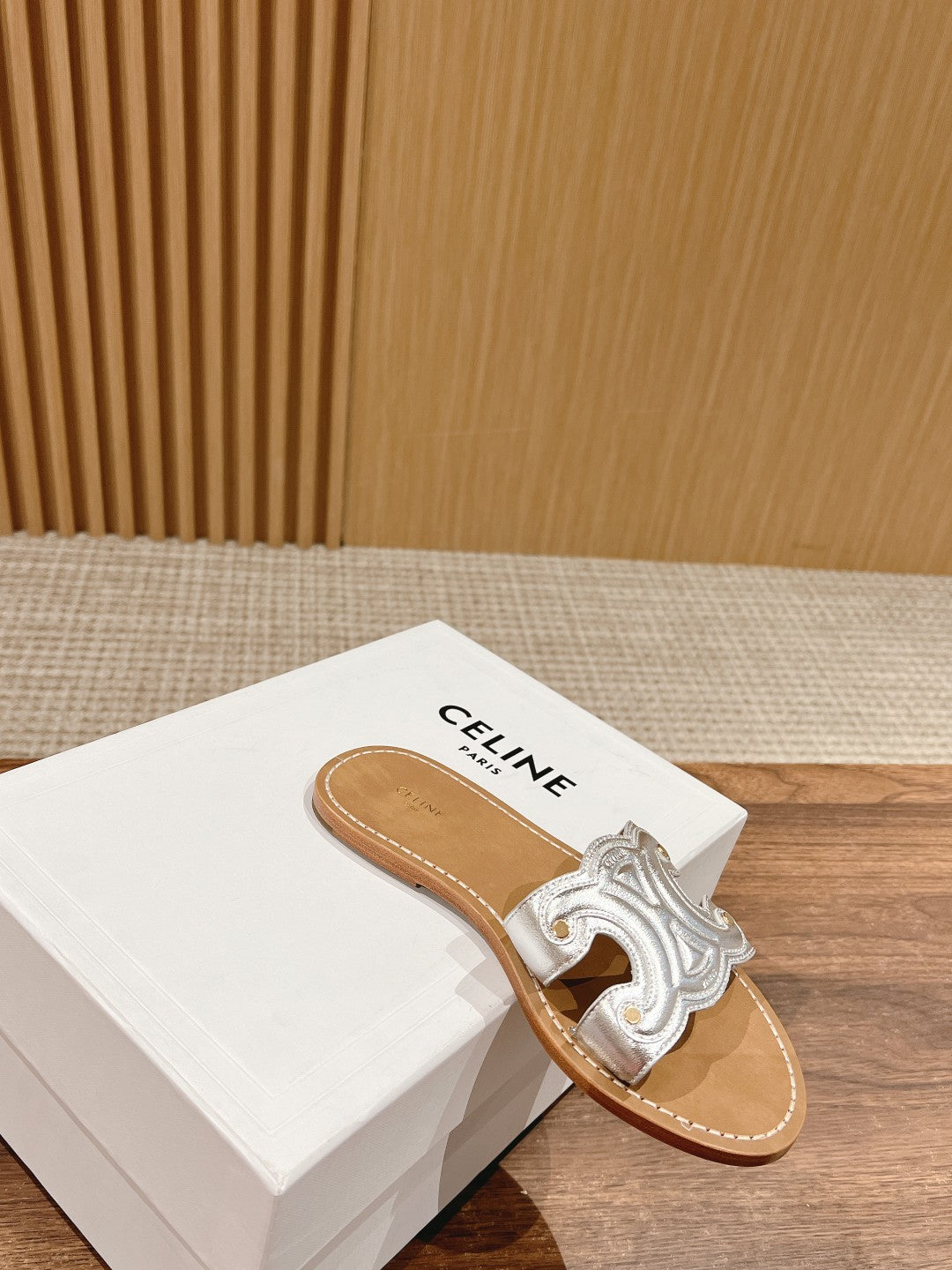 CELINE Triomphe Full-Leather Slides, Silver