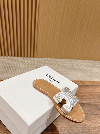 CELINE Triomphe Full-Leather Slides, Silver