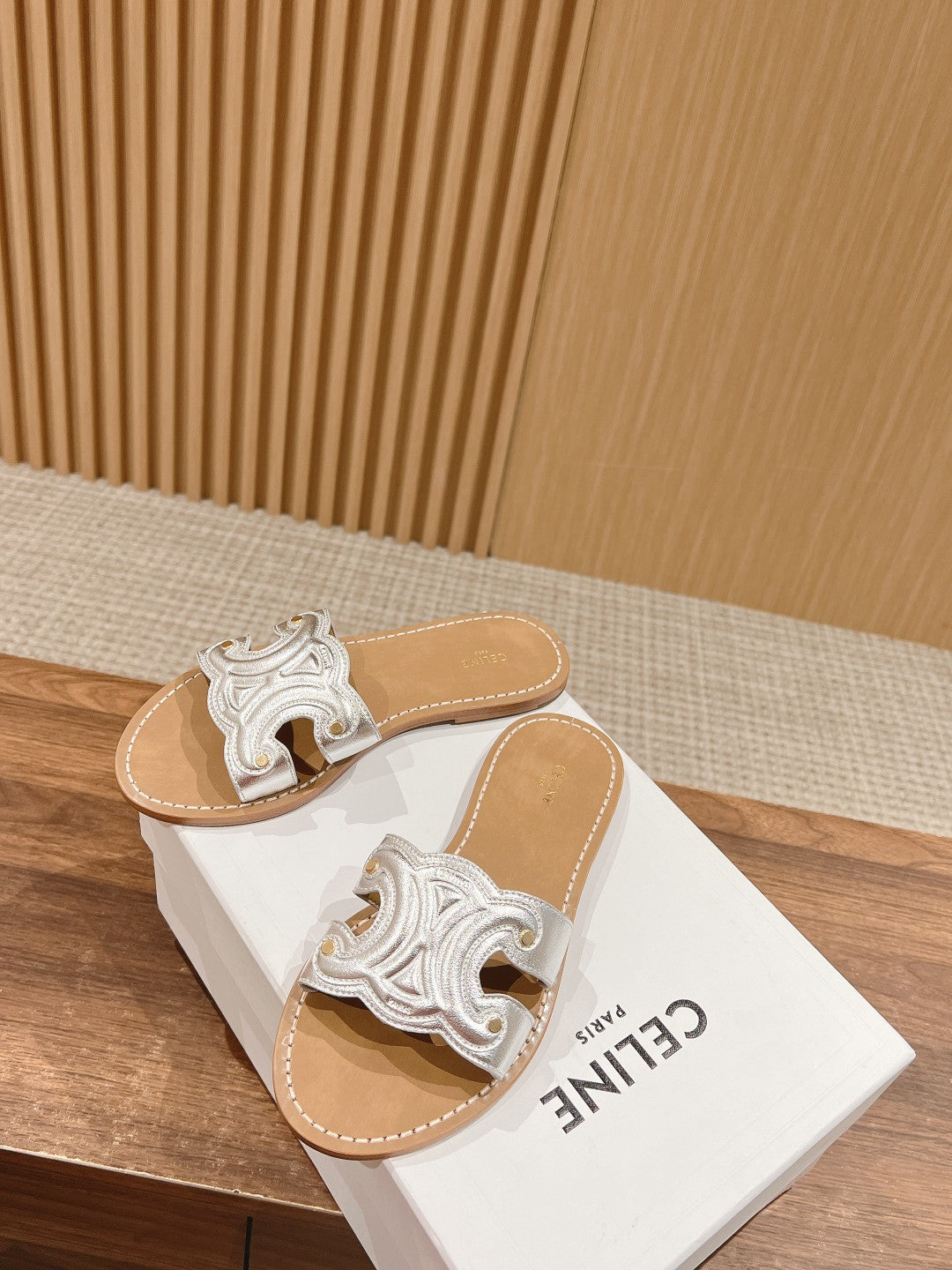 CELINE Triomphe Full-Leather Slides, Silver