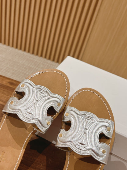 CELINE Triomphe Full-Leather Slides, Silver