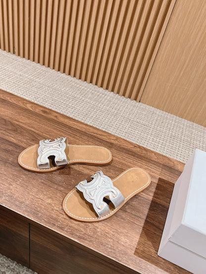 CELINE Triomphe Full-Leather Slides, Silver