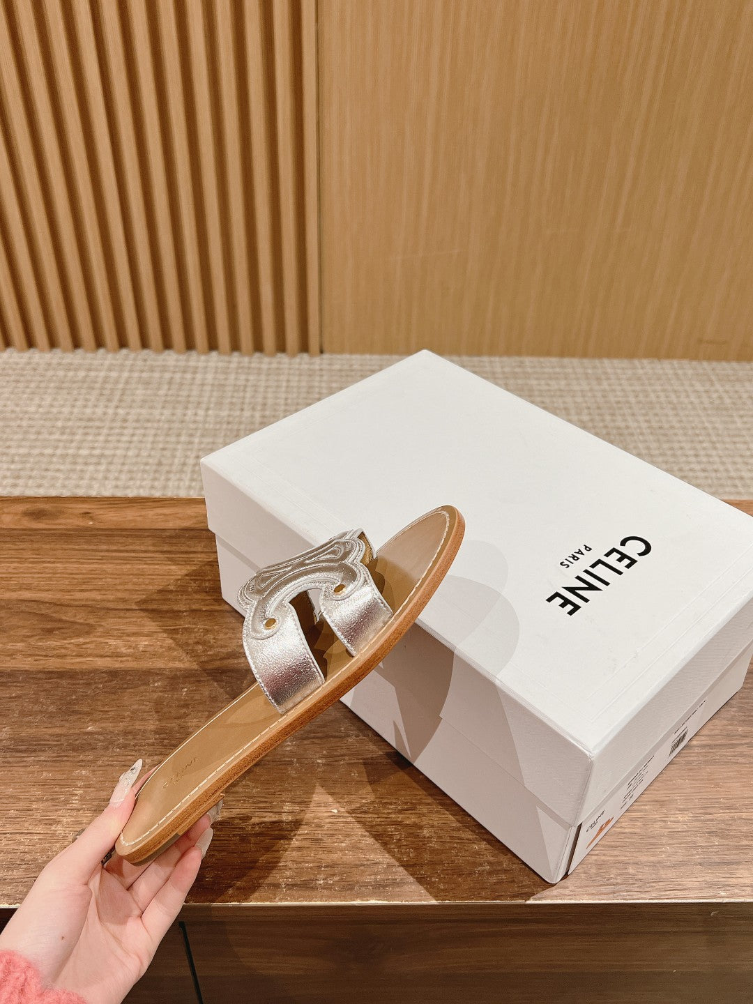 CELINE Triomphe Full-Leather Slides, Silver