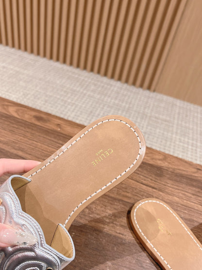 CELINE Triomphe Full-Leather Slides, Silver
