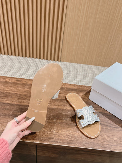 CELINE Triomphe Full-Leather Slides, Silver