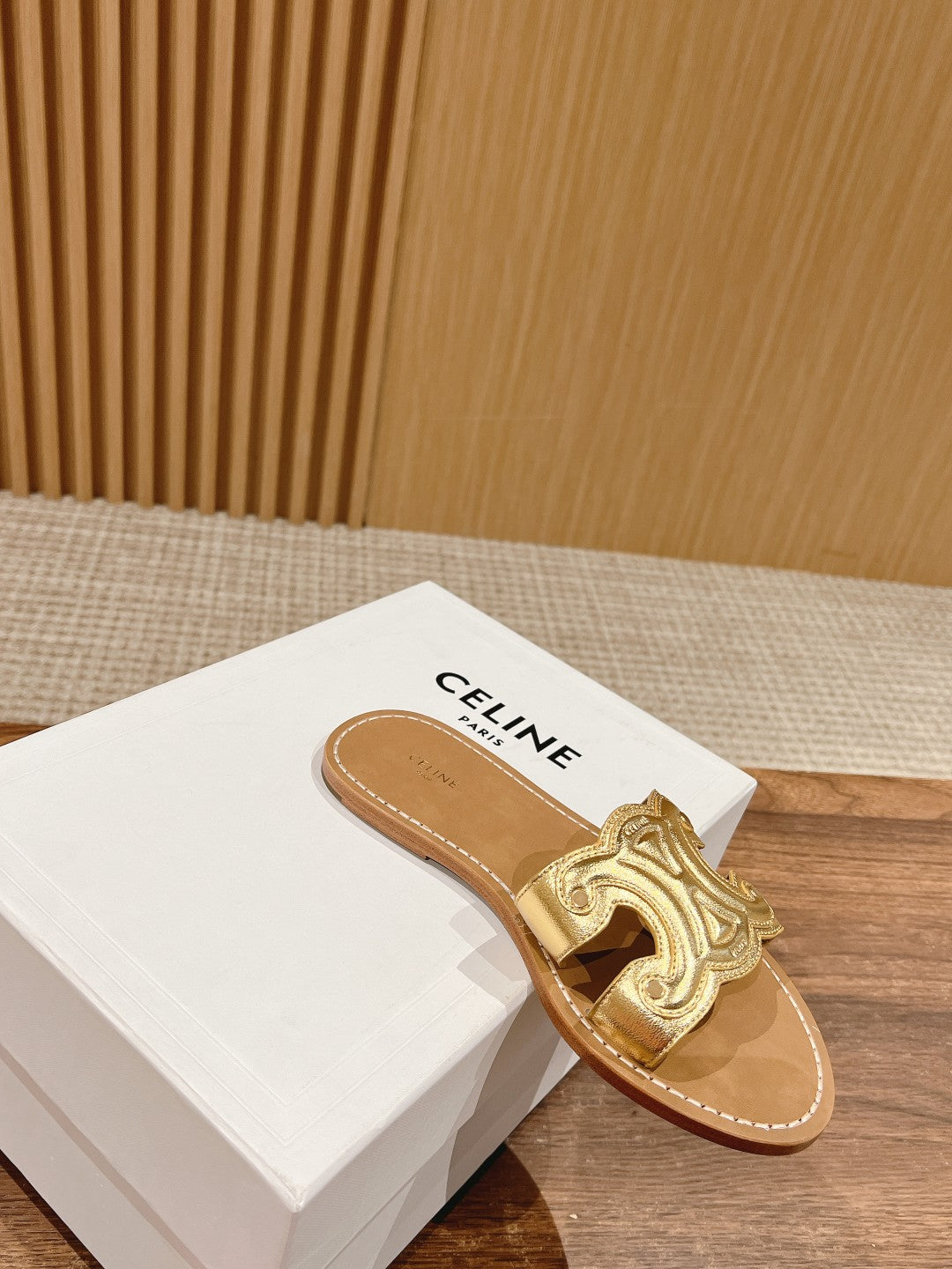 CELINE Triomphe Full-Leather Slides, Gold