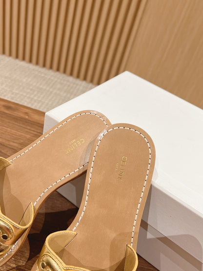 CELINE Triomphe Full-Leather Slides, Gold