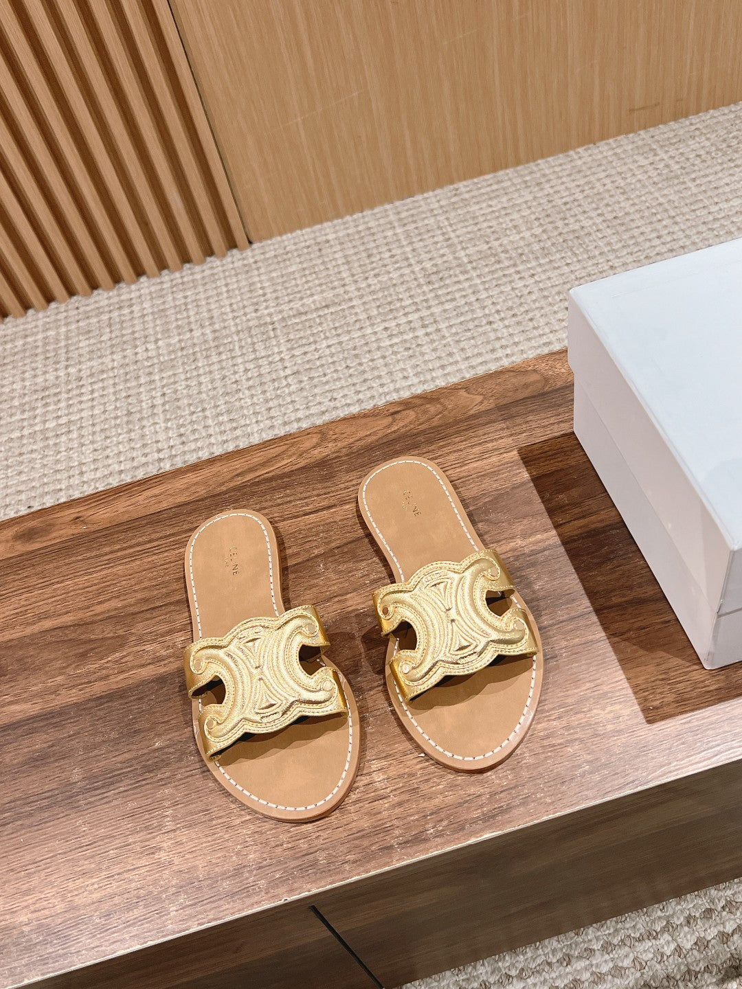 CELINE Triomphe Full-Leather Slides, Gold