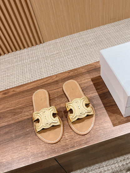 CELINE Triomphe Full-Leather Slides, Gold