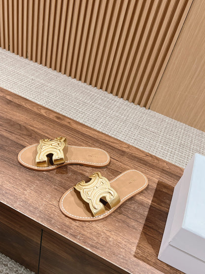 CELINE Triomphe Full-Leather Slides, Gold