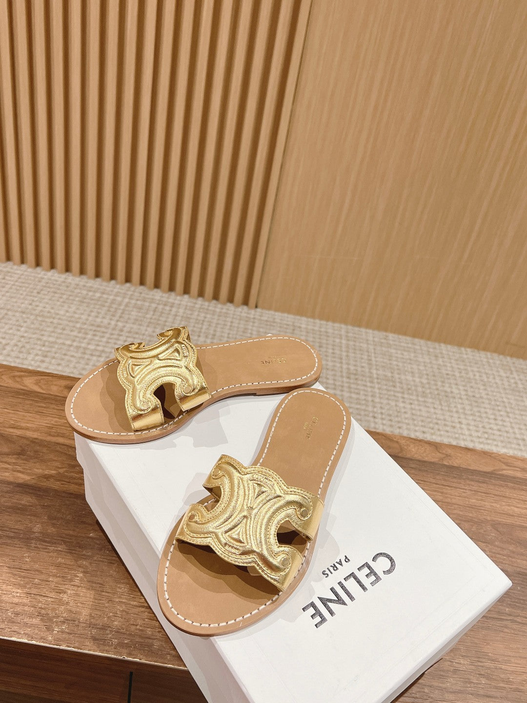 CELINE Triomphe Full-Leather Slides, Gold
