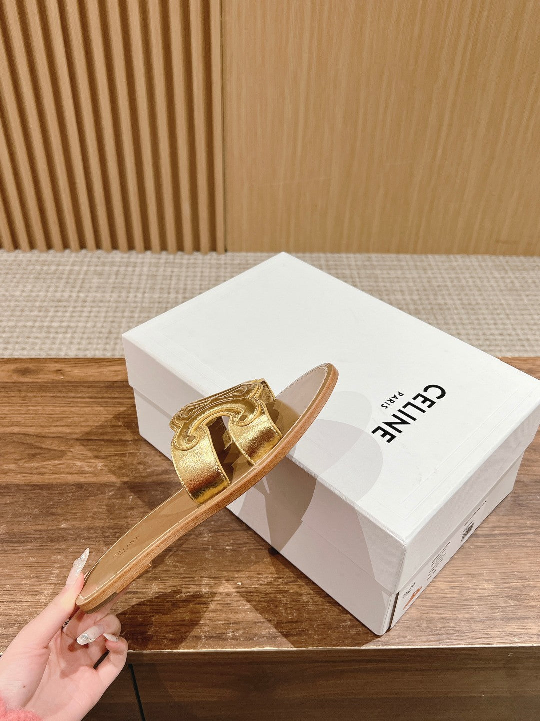 CELINE Triomphe Full-Leather Slides, Gold