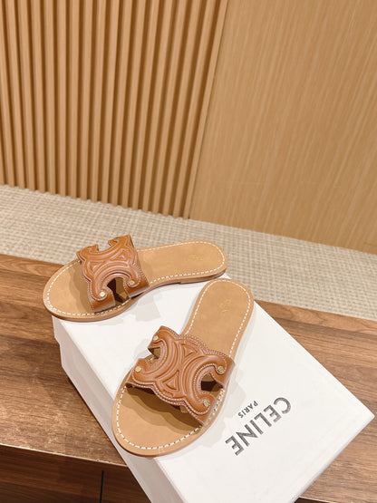 CELINE Triomphe Full-Leather Slides, Brown