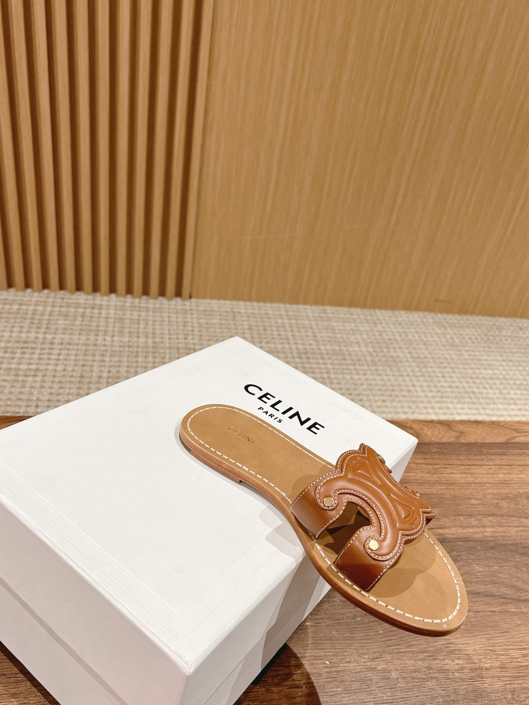 CELINE Triomphe Full-Leather Slides, Brown