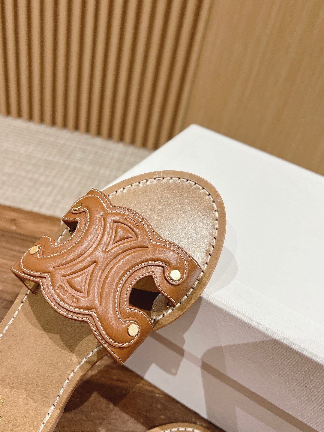 CELINE Triomphe Full-Leather Slides, Brown