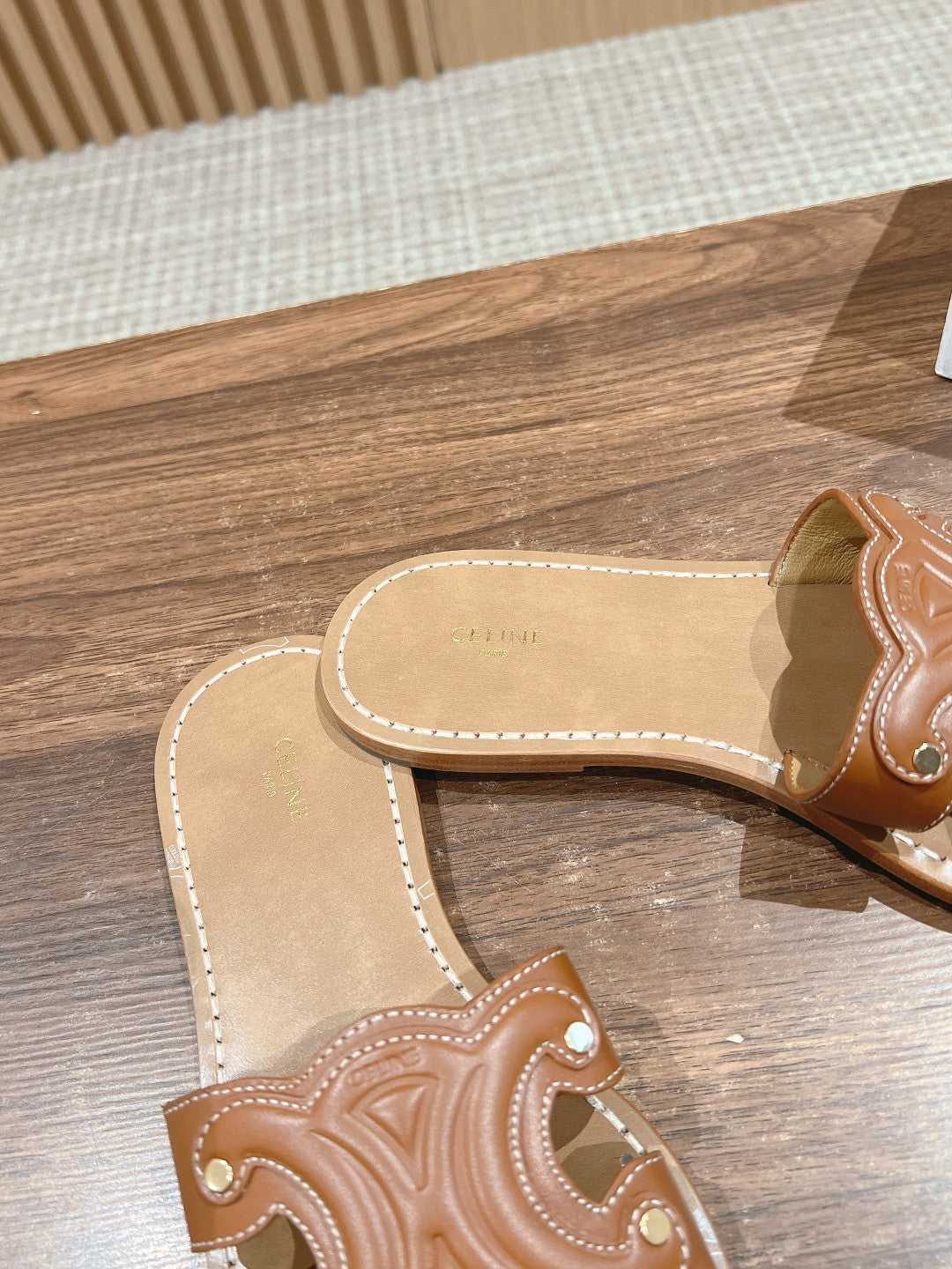 CELINE Triomphe Full-Leather Slides, Brown