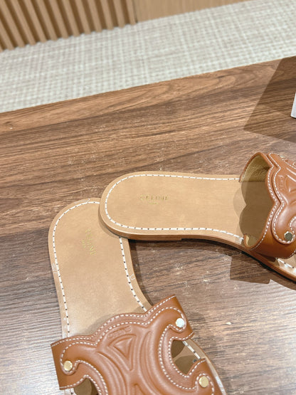 CELINE Triomphe Full-Leather Slides, Brown