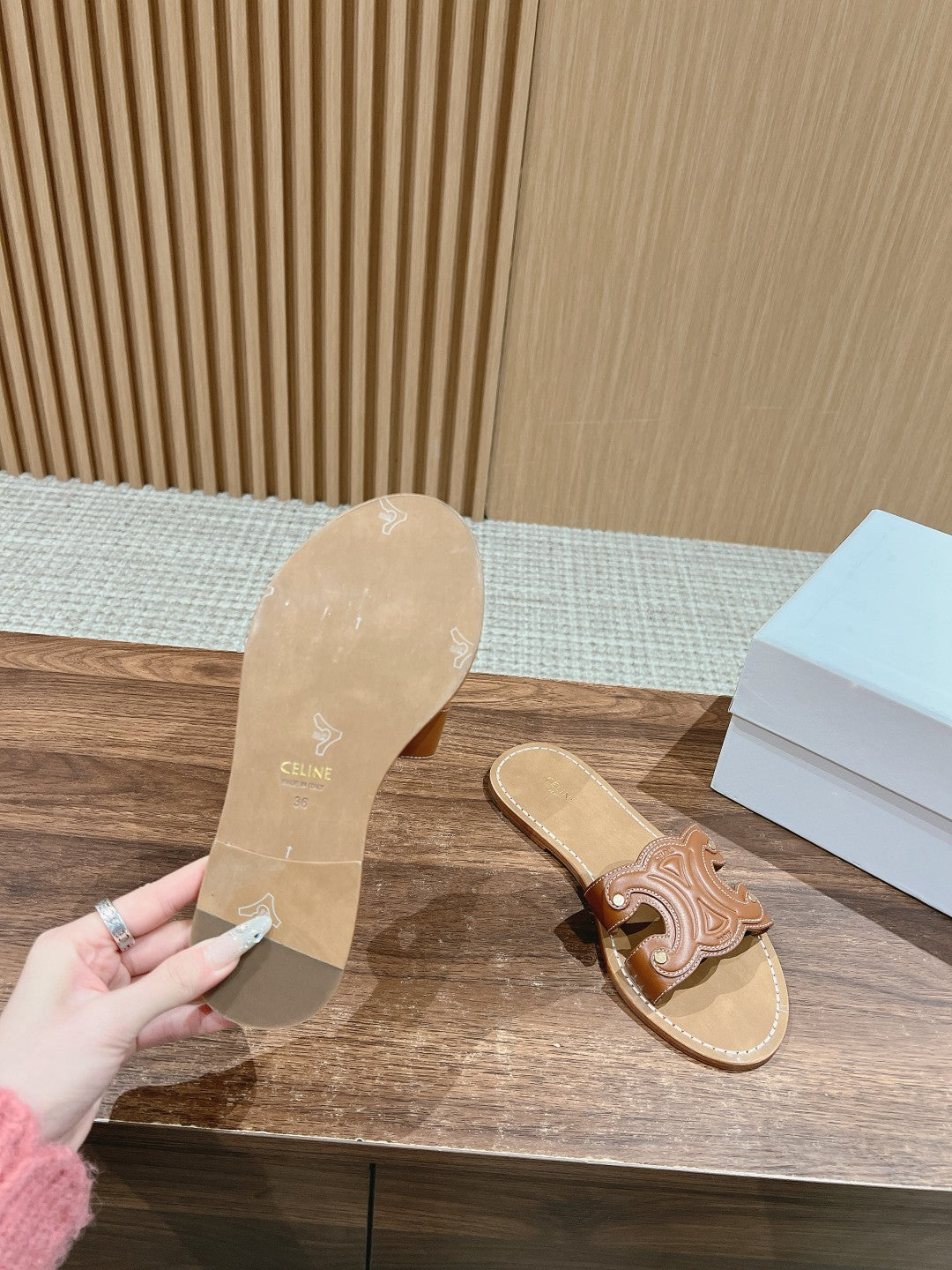 CELINE Triomphe Full-Leather Slides, Brown