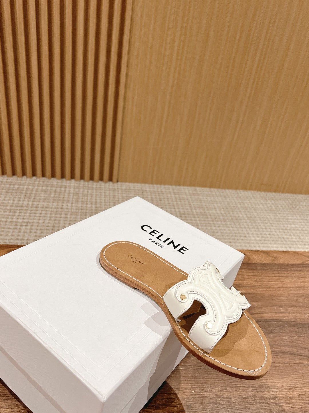 CELINE Triomphe Full-Leather Slides, White