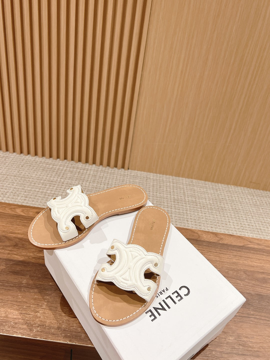 CELINE Triomphe Full-Leather Slides, White