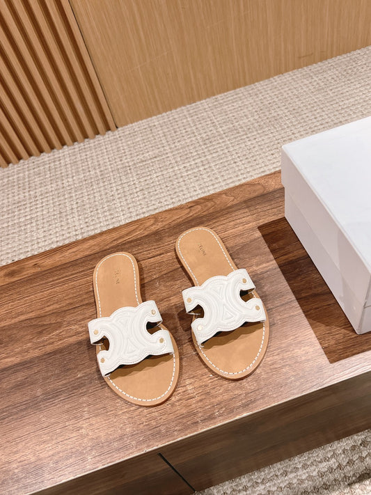 CELINE Triomphe Full-Leather Slides, White