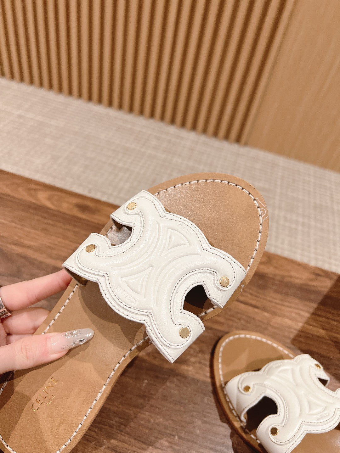 CELINE Triomphe Full-Leather Slides, White