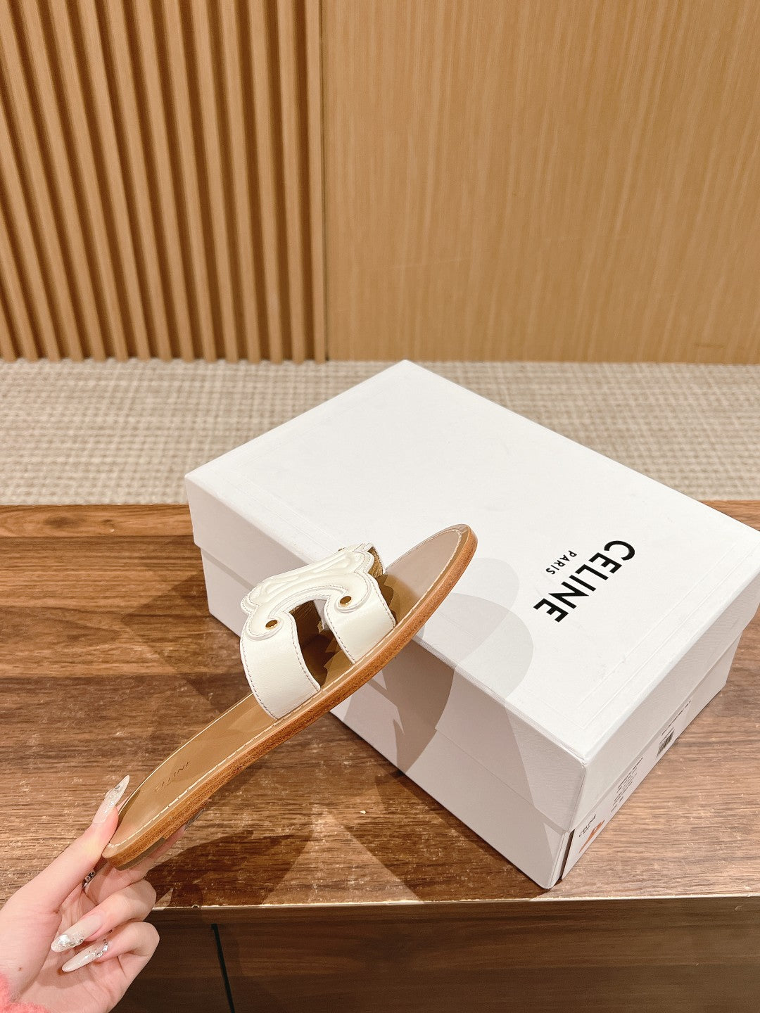 CELINE Triomphe Full-Leather Slides, White