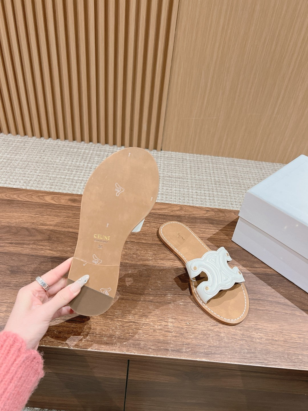 CELINE Triomphe Full-Leather Slides, White