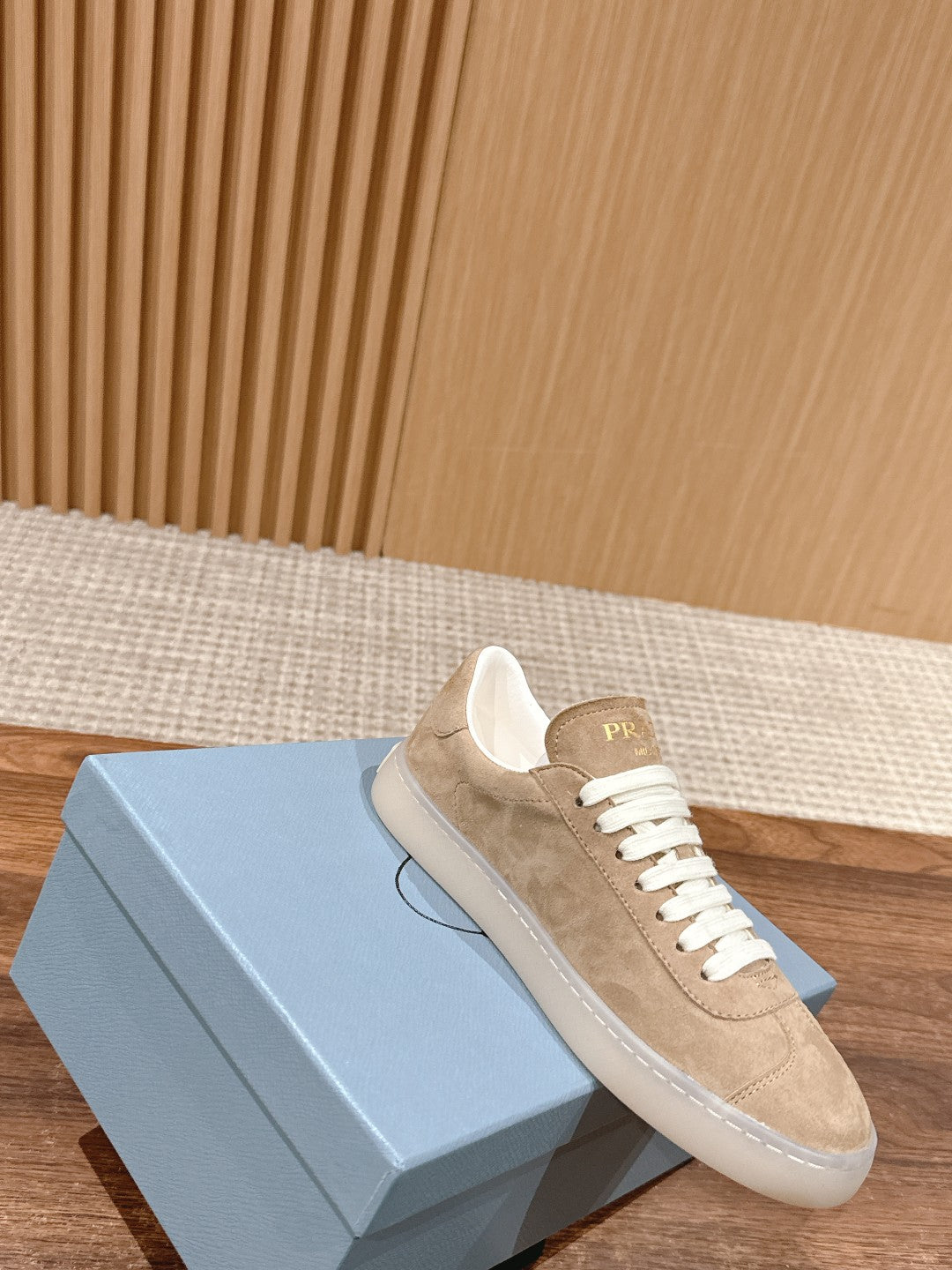 Prada New White Sneakers, Suede Beige