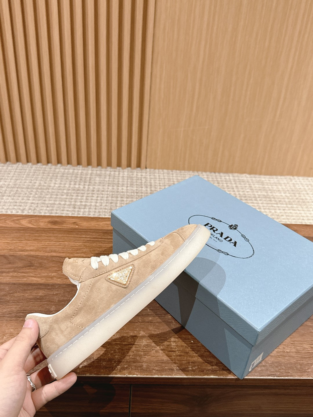 Prada New White Sneakers, Suede Beige