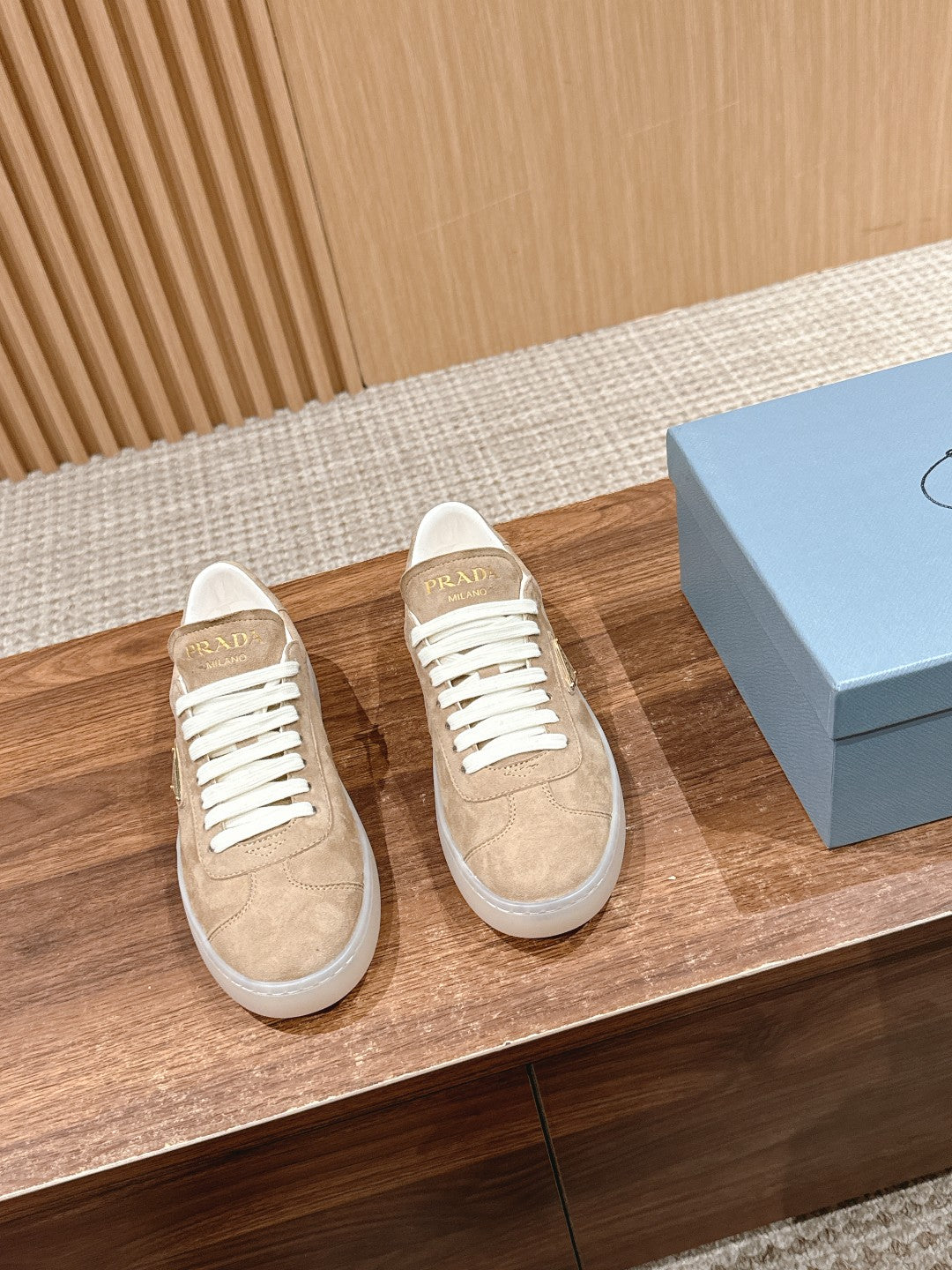 Prada New White Sneakers, Suede Beige