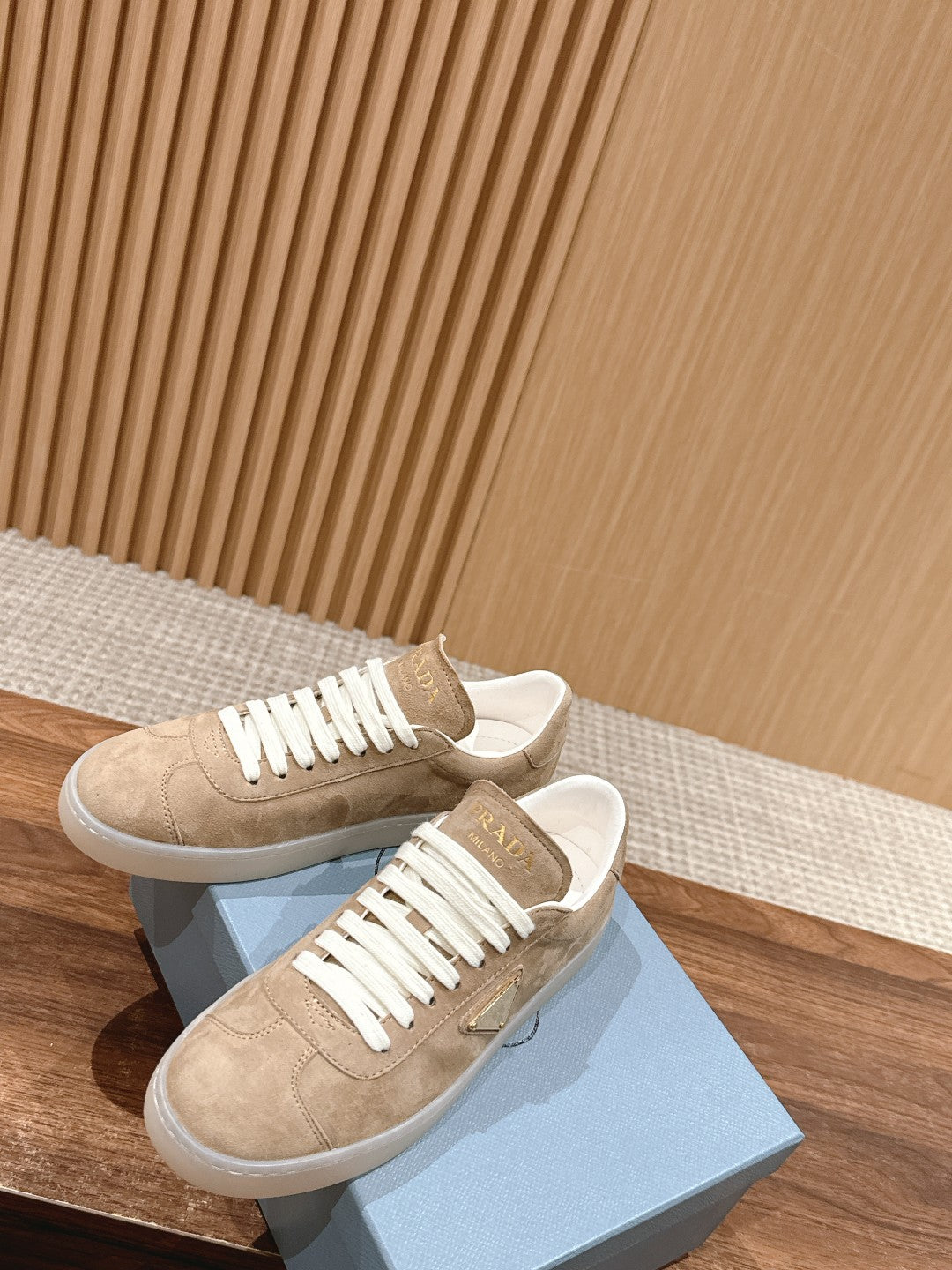 Prada New White Sneakers, Suede Beige