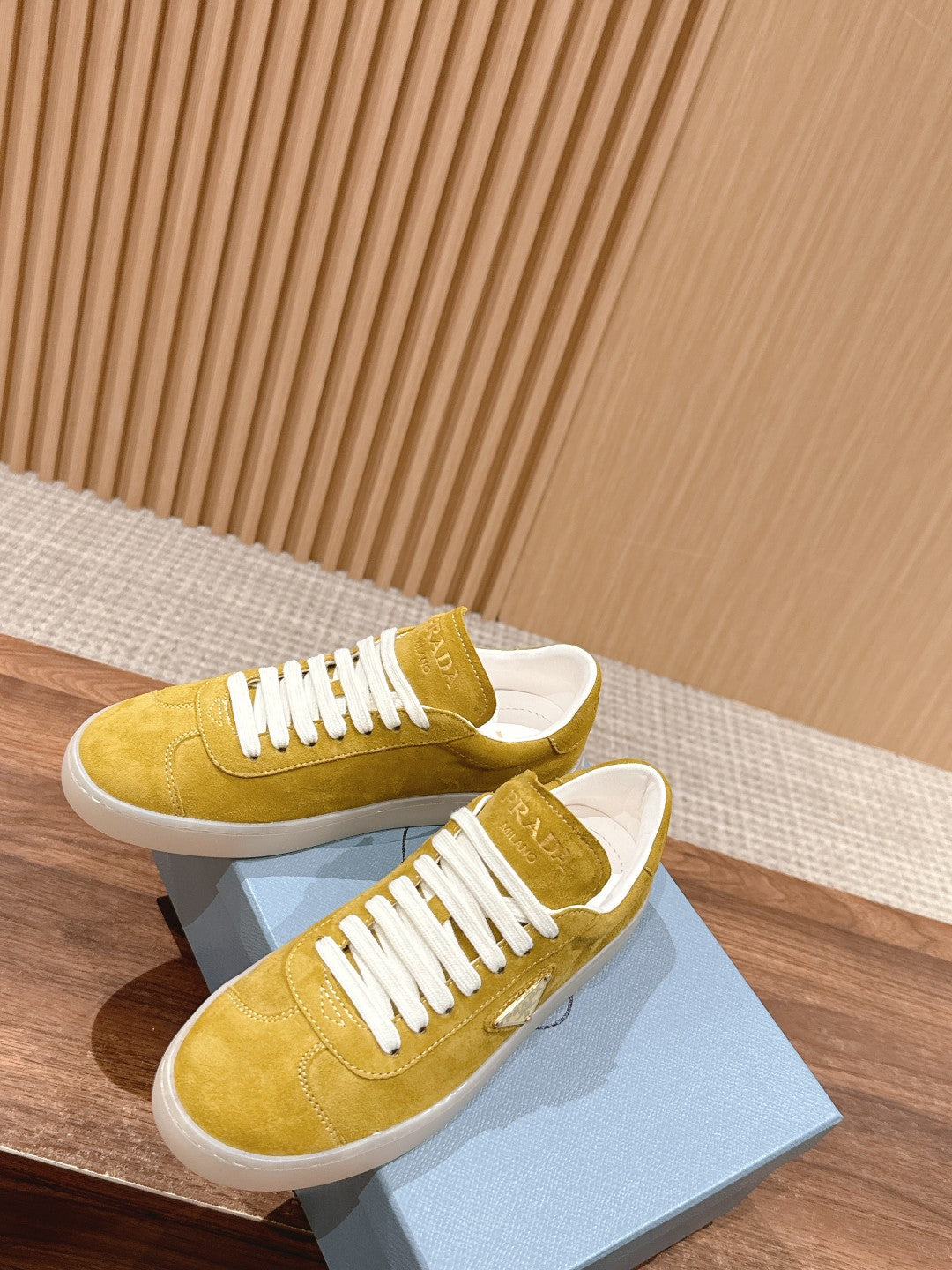 Prada New White Sneakers, Suede Yellow